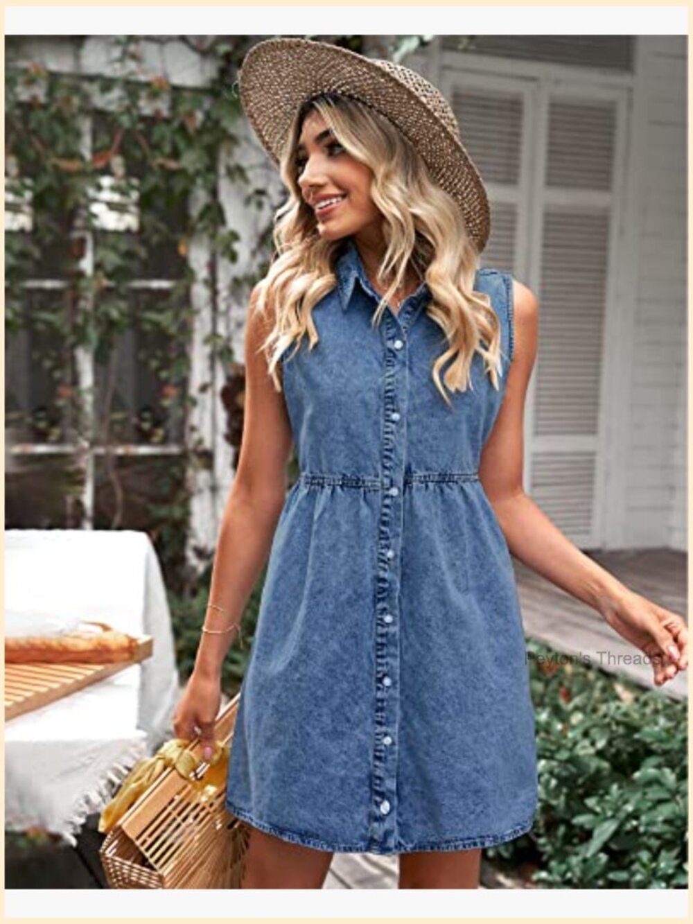 Sleeveless Babydoll Button Down Denim Dress - A-Line with Collar - Picture 6 of 7